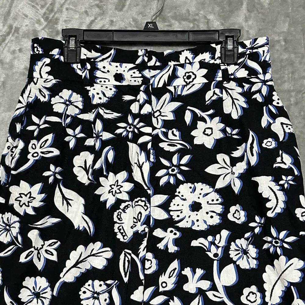 Zara Womens Wide‎ Leg Linen Blend Floral Trousers Sz L Black Boho Coastal Resort